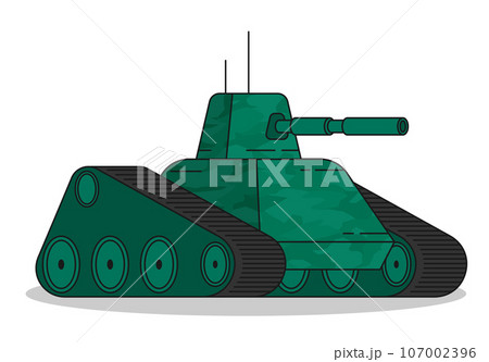 Protected army track tank with camouflage coloring and long barrel for firing projectiles at enemy. Heavy self propelled artillery equipment. Simple flat vector isolated on white background Protected army track tank with camouflage coloring and long barrel for firing projectiles at enemy. Heavy self propelled artillery equipment. Simple flat vector isolated on white background 107002396