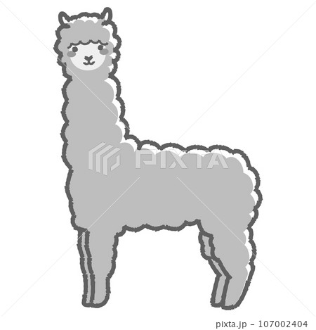 ふわふわのアルパカのイラスト(全身)白黒 ふわふわのアルパカのイラスト(全身)白黒 107002404