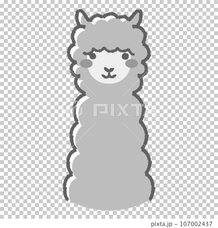 ふわふわのアルパカのイラスト（正面向きの顔）白黒 107002437