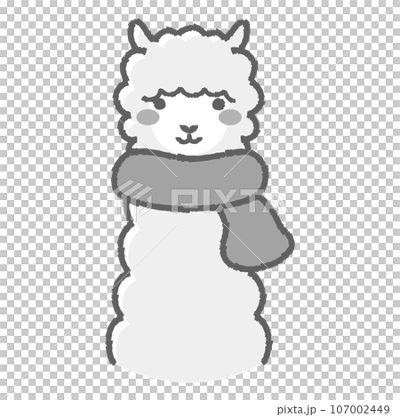 一隻毛茸茸的羊駝戴著圍巾（正面）黑白的插圖 107002449