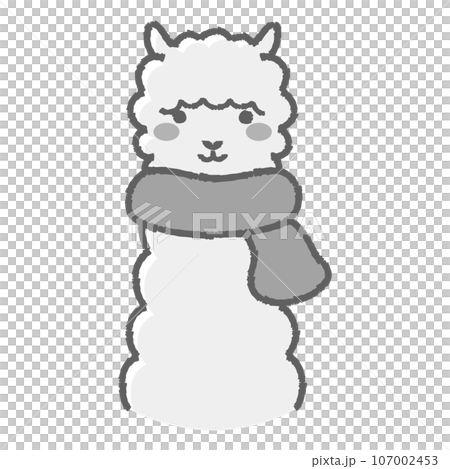 一隻毛茸茸的羊駝戴著圍巾（正面）黑白的插圖 107002453