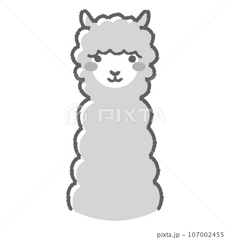 ふわふわのアルパカのイラスト(正面向きの顔)白黒 ふわふわのアルパカのイラスト(正面向きの顔)白黒 107002455