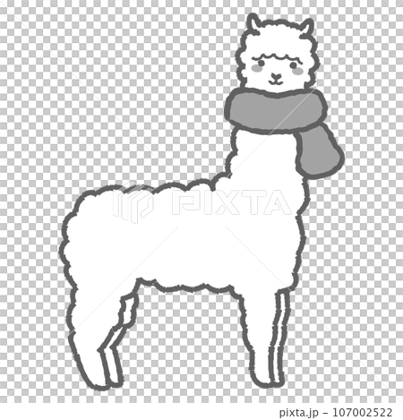 Illustration of a fluffy alpaca wrapped in a scarf (full body) black and white 107002522