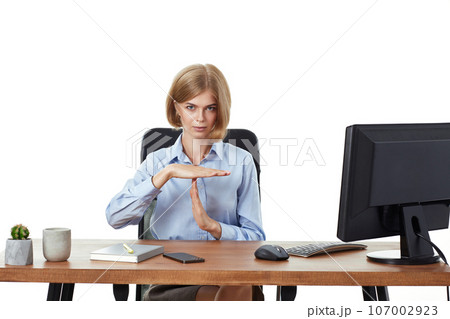 blonde manager woman showing time out sign gesture with hands blonde manager woman showing time out sign gesture with hands 107002923