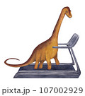 Brachiosaurus on the treadmill. Dinosaur athlete. Watercolor illustration isolated on a white background. Hand drawn 107002929