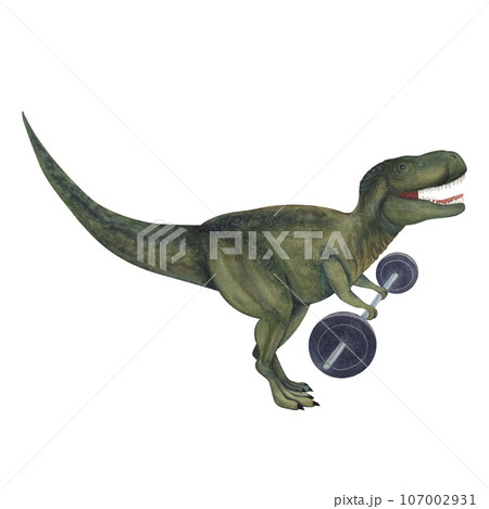 Tirannosaurus with a barbell. Dinosaur athlete. Watercolor illustration isolated on a white background. Hand drawn 107002931