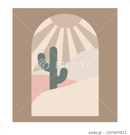 Boho boho logo cactus in minimal style. Landscape, cactus logo design templates in boho color, geometric abstract design for decoration. 107003021