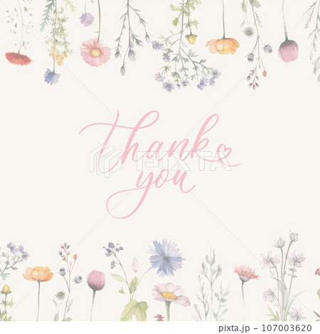 Thank you card. Calligraphy with watercolor wild herbs and flowers. Abstract floral art background vector design for wedding invitation and vip cover template. 107003620