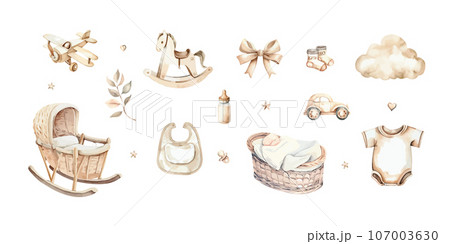 Newborn Baby Boy clipart set. Watercolor hand drawn illustrations with elements for baby shower isolated on white background. 107003630
