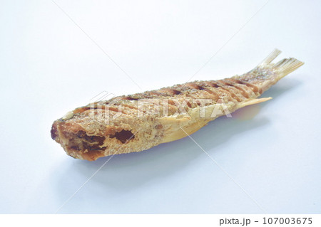 deep fried salty mullet fish arranging on white background  107003675