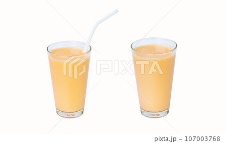 Lactic fermenting beverage color light orange sour taste or yogurt in two type glass tall with straw plastic isolated on white background. Lactobacillus acidophilus. Fermented milk have vitamin B2. 107003768