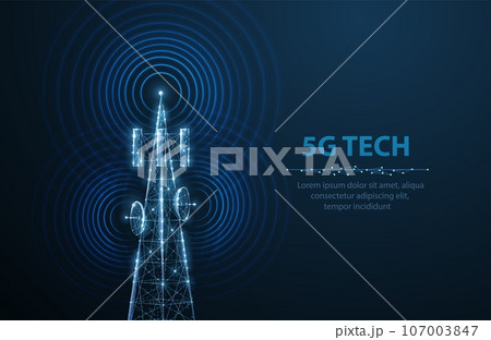 Abstract antenna mast on blue. 5G technology, telecommunication industry 107003847