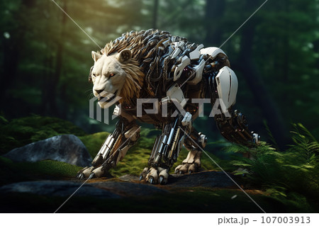 Image of male lion gundam robot technology an ectronic in the forest. Wildlife Animals. Generative AI. Illustration. 107003913