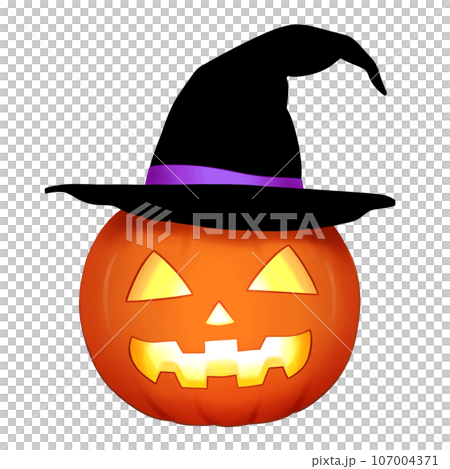 Halloween pumpkin, glowing jack-o-lantern, black hat 107004371