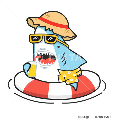 Cute shark inflatable ring with glass of juice and straw hat Cute shark inflatable ring with glass of juice and straw hat 107004561