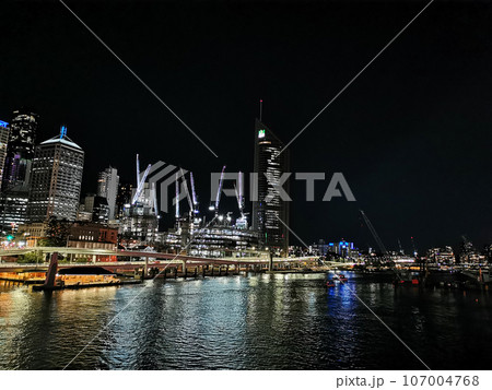 Night scene of Brisbane River and city skyline landscape of skyscrapers with the underconstruction of the new Queens Wharf Precint new Casino 107004768