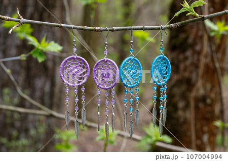 earrings of Handmade dream catcher with feathers threads and beads rope hanging earrings of Handmade dream catcher with feathers threads and beads rope hanging 107004994