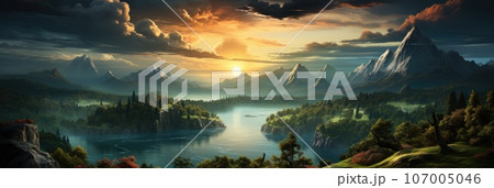 Banner of aerial view of fields, mountains and forest. Banner of aerial view of fields, mountains and forest. 107005046