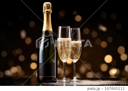 Dark festive glass and bottle of champagne on bokeh background 107005212