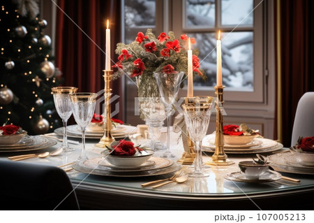 Festive christmas table setting for party. Dark and luxury. christmas tree 107005213