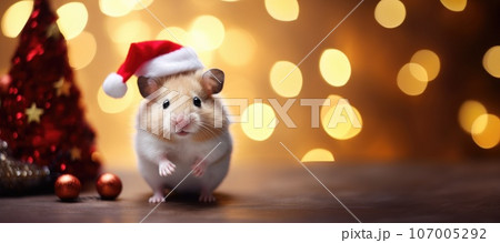 Banner of Hamster in santa hat and christmas tree with bokeh background 107005292