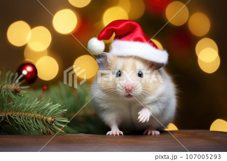 Hamster in santa hat and christmas tree with...のイラスト素材