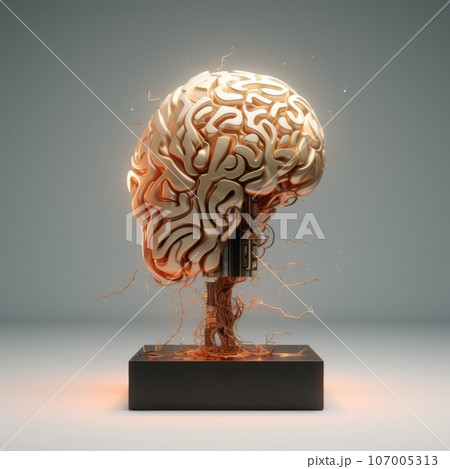 Glowing mechanical brain on grey background 107005313