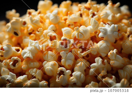 sweet caramel popcorn with syrup on black background sweet caramel popcorn with syrup on black background 107005318