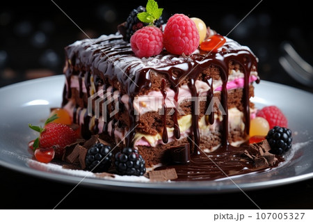 Piece of tasty chocolate cake with fresh berries 107005327