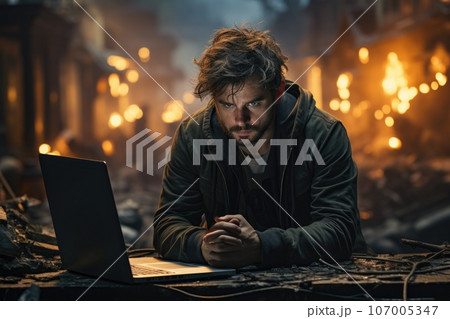 depressed man with laptop computer sitting on...のイラスト素材 [107005347] - PIXTA