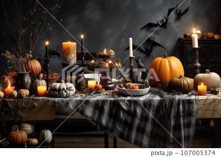 Halloween table setting with decorations, pumpkins, glasses and plates. Halloween table setting with decorations, pumpkins, glasses and plates. 107005374