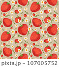 Seamless pattern handdrawns of Strawberry, daisy flower and leaf on  pastel backgrounds. Strawberry wallpaper, cute design for for paper card, cover, fabric, interior decor and other use   107005752