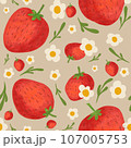 Seamless pattern handdrawns of Strawberry, daisy flower and leaf on  pastel backgrounds. Strawberry wallpaper, cute design for for paper card, cover, fabric, interior decor and other use   107005753