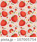 Seamless pattern handdrawns of Strawberry, daisy flower and leaf on  pastel backgrounds. Strawberry wallpaper, cute design for for paper card, cover, fabric, interior decor and other use   107005754