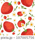 Seamless pattern handdrawns of Strawberry, daisy flower and leaf on  pastel backgrounds. Strawberry wallpaper, cute design for for paper card, cover, fabric, interior decor and other use   107005756