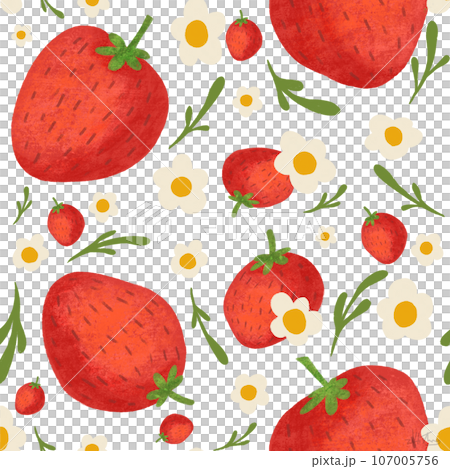 Seamless pattern handdrawns of Strawberry, daisy flower and leaf on  pastel backgrounds. Strawberry wallpaper, cute design for for paper card, cover, fabric, interior decor and other use   107005756
