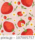 Seamless pattern handdrawns of Strawberry, daisy flower and leaf on  pastel backgrounds. Strawberry wallpaper, cute design for for paper card, cover, fabric, interior decor and other use   107005757