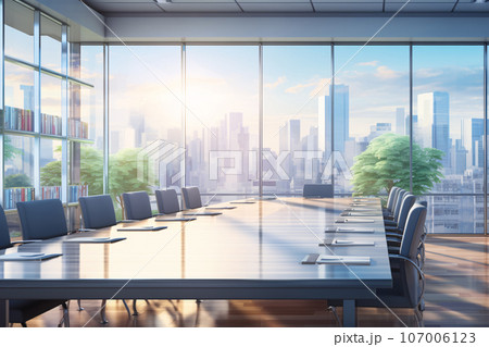 Blurred modern business office interior room use for background in business concept. Meeting room. Blur corporate business office and skyscraper building city view. Workspace design. Generative AI. 107006123