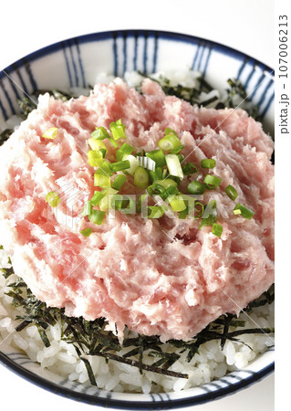刻み海苔とネギトロの丼ぶりを白背景で単品俯瞰撮影 刻み海苔とネギトロの丼ぶりを白背景で単品俯瞰撮影 107006213