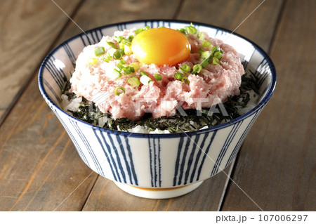 刻み海苔と卵黄とネギトロの丼ぶりを単品撮影 刻み海苔と卵黄とネギトロの丼ぶりを単品撮影 107006297