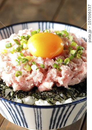 刻み海苔と卵黄とネギトロの丼ぶりを単品撮影 刻み海苔と卵黄とネギトロの丼ぶりを単品撮影 107006337