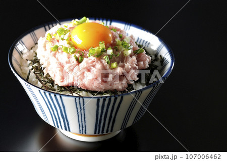 刻み海苔と卵黄とネギトロの丼ぶりを黒背景で撮影 刻み海苔と卵黄とネギトロの丼ぶりを黒背景で撮影 107006462