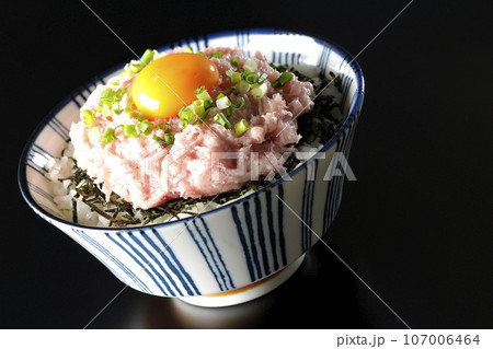 刻み海苔と卵黄とネギトロの丼ぶりを黒背景で撮影 107006464