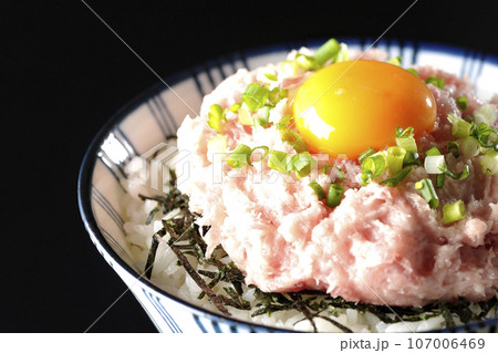 刻み海苔と卵黄とネギトロの丼ぶりを黒背景で撮影 刻み海苔と卵黄とネギトロの丼ぶりを黒背景で撮影 107006469