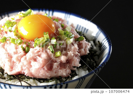 刻み海苔と卵黄とネギトロの丼ぶりを黒背景で撮影 刻み海苔と卵黄とネギトロの丼ぶりを黒背景で撮影 107006474