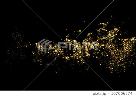 Abstract golden wavy design element with glitter effect on dark background. Invitation, greeting card or discount coupon. 107006574