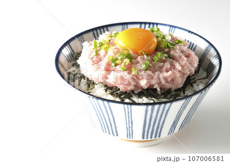 刻み海苔と卵黄とネギトロの丼ぶりを白背景で撮影 107006581