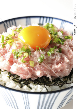 刻み海苔と卵黄とネギトロの丼ぶりを白背景で撮影 107006599