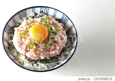 刻み海苔と卵黄とネギトロの丼ぶりを白背景で俯瞰撮影 刻み海苔と卵黄とネギトロの丼ぶりを白背景で俯瞰撮影 107006619