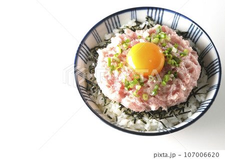 刻み海苔と卵黄とネギトロの丼ぶりを白背景で俯瞰撮影 刻み海苔と卵黄とネギトロの丼ぶりを白背景で俯瞰撮影 107006620